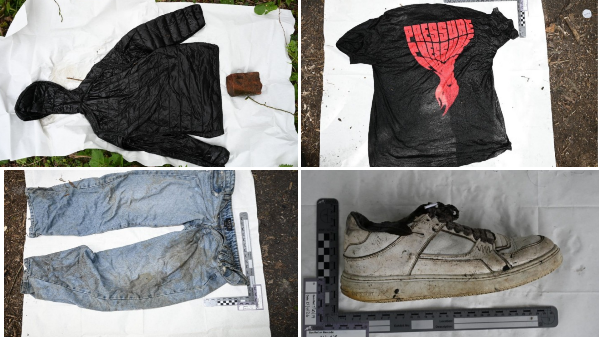 A composite image showing clothing and shoes which were recovered from the pond. It shows a black puffer coat worn during the murder, white trainers, blue denim jeans and a black T-shirt.