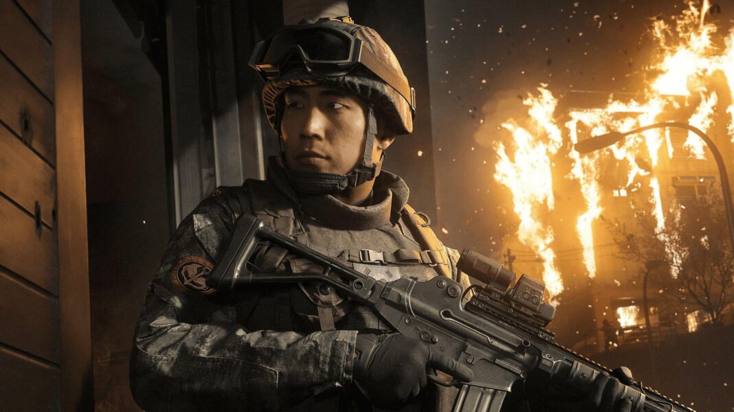 Bereaved families appalled by footage of Seoul crush in Call of Duty An in-game screenshot showing a male Korean soldier holding a gun with a building on fire behind him.