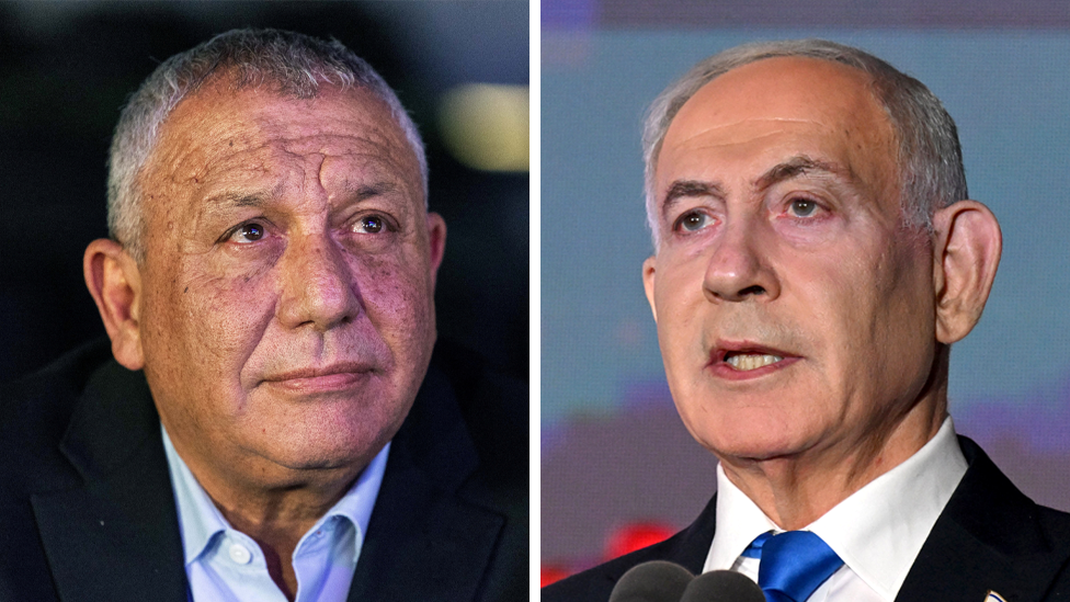 Two men wearing suits look ahead. It is Gadi Eisenkot and Benjamin Netanyahu in a composite image.