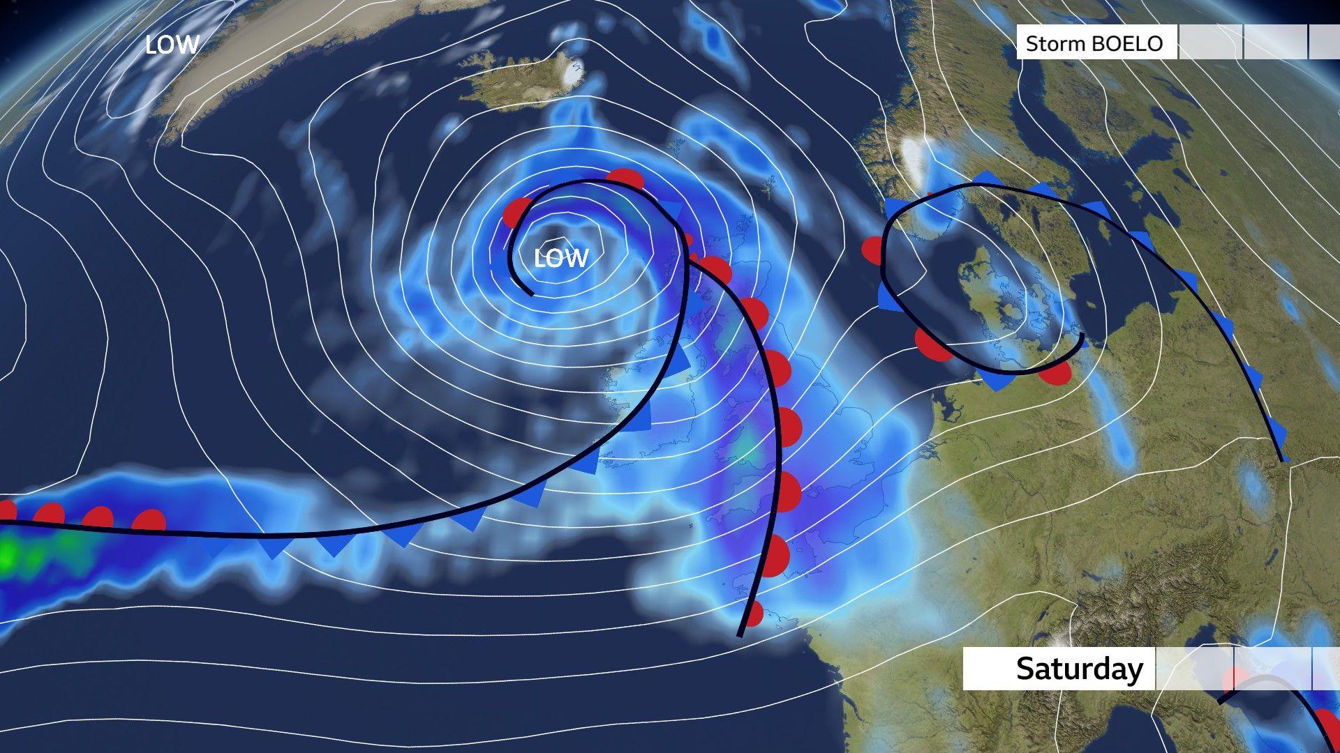 Pressure chart showing Storm Boleo over north-west Europe, with tightly packed isobars indicating strong winds and widespread heavy rain across the UK