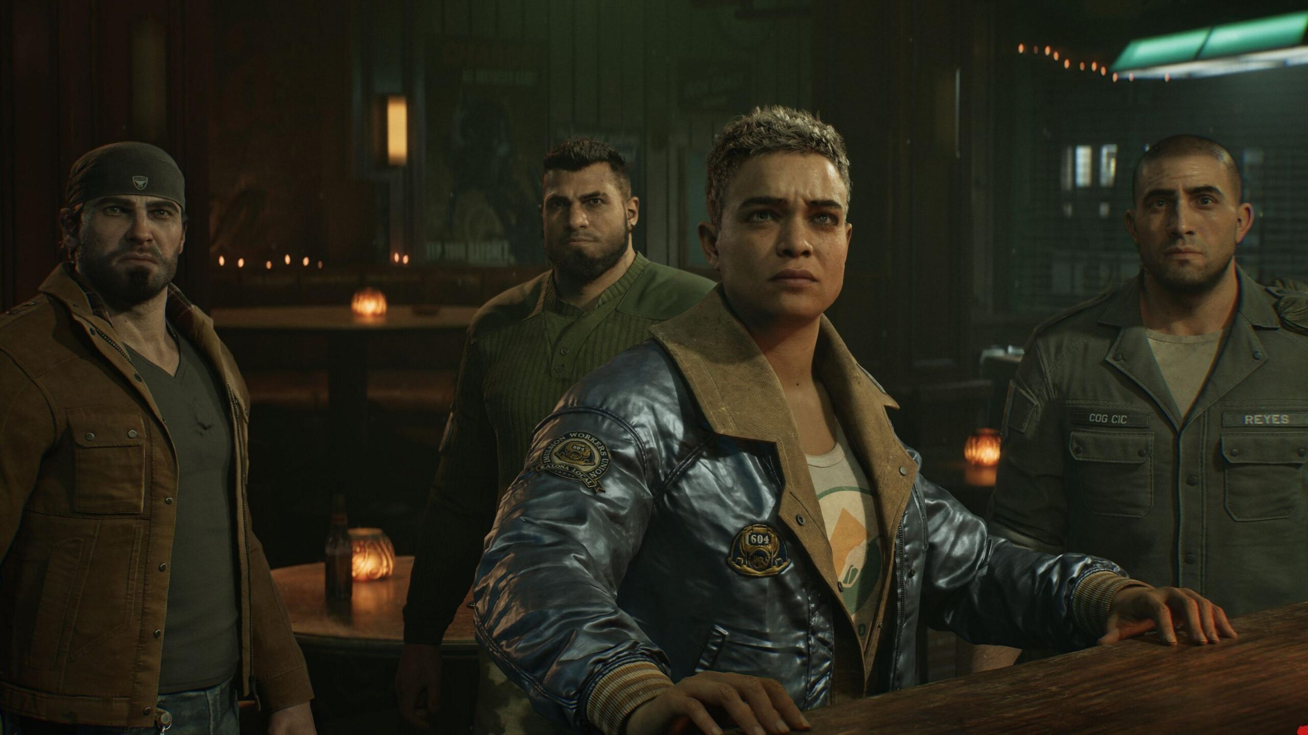 Four characters from Gears of War stand in a darkened bar. They all have serious expressions.