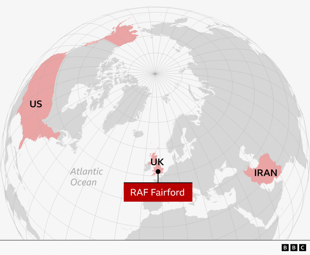US removes all bombers from RAF Fairford base A map of the globe highlighting the US, the UK and Iran, with a label showing RAF Fairford in the UK in between the US and Iran.