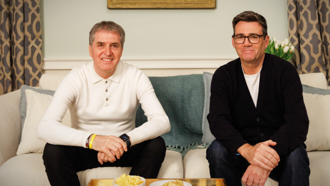 Image shows Steve Rotheram, in a white long-sleeved polo shirt, sitting alongside Prime Minister Andy Burnham, who is wearing a black cardigan. They are sitting on the sofa in Downing Street