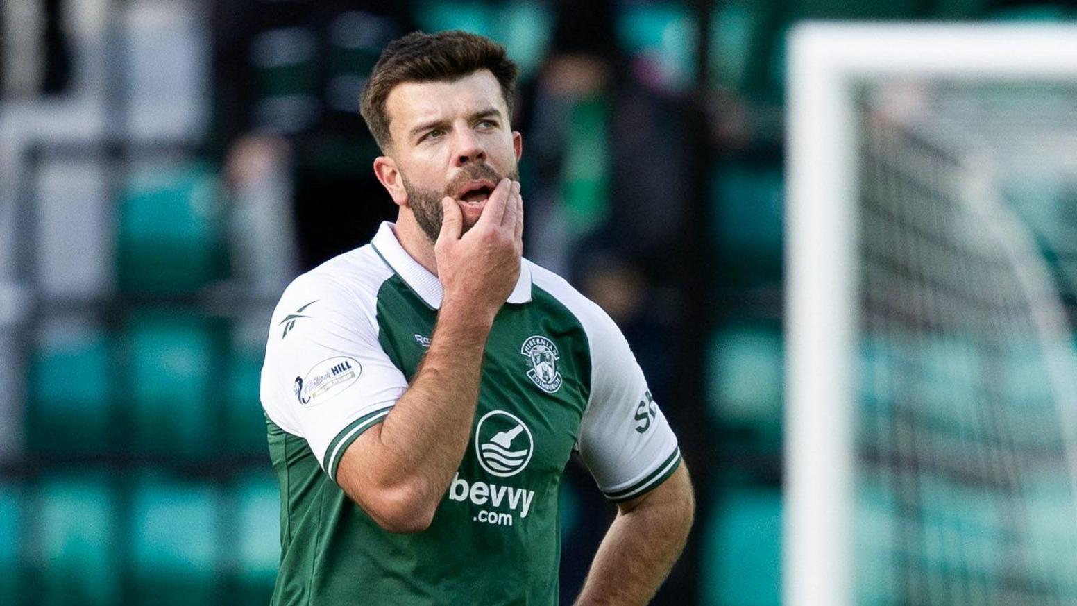 Grant Hanley looks bemused after Hibernian lose to Celtic at Easter Road