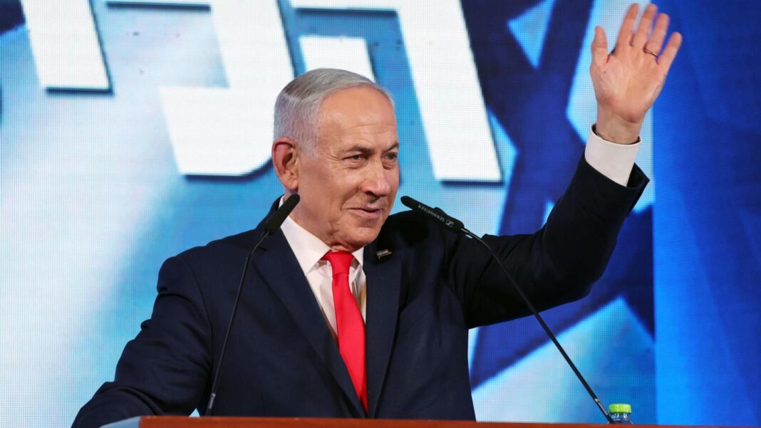Netanyahu’s bloc leading Israel election but short of majority, partial results show Israeli Prime Minister Benjamin Netanyahu waves while addressing supporters at his Likud party's headquarters in Jerusalem (28 October 2026)