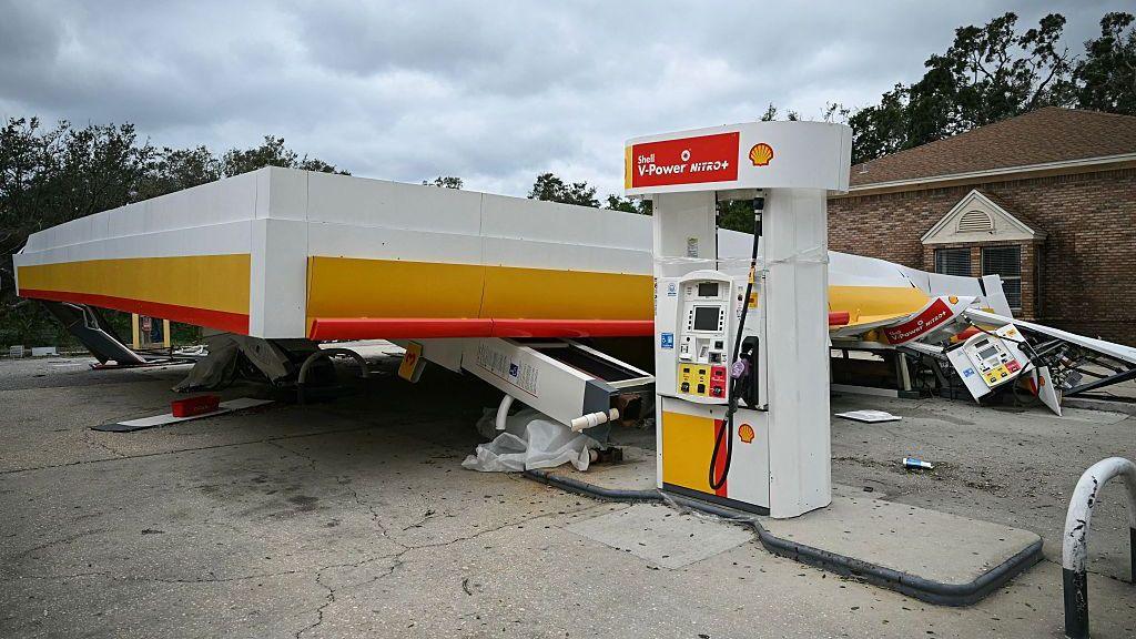 A shell petrol station canopy collapsed