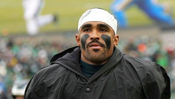 Philadelphia Eagles quarterback Jalen Hurts looks on, with black daubing on each cheek, during his team's defeat by the Los Angeles Rams on 4 October 2026