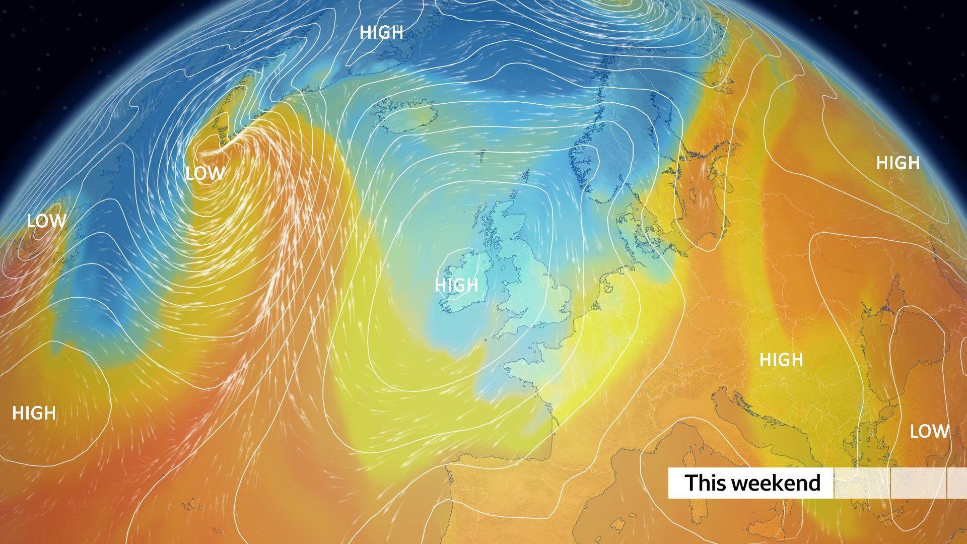 A weather chart showing high pressure over northwestern Europe, with winds circulating clockwise around it and blue shading indicating cold air covering the whole of the UK.