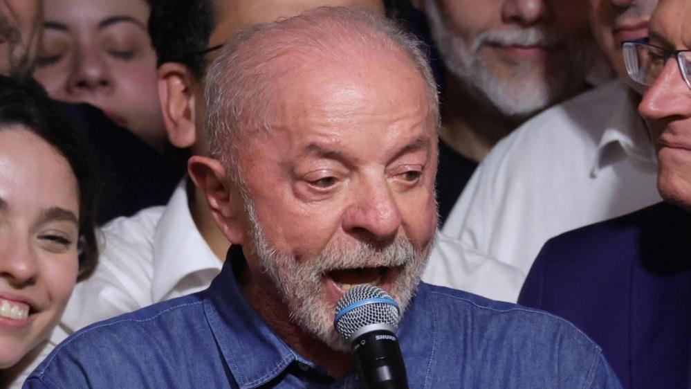 Brazilian President Luiz Inacio Lula da Silva delivers a speech after winning the election.