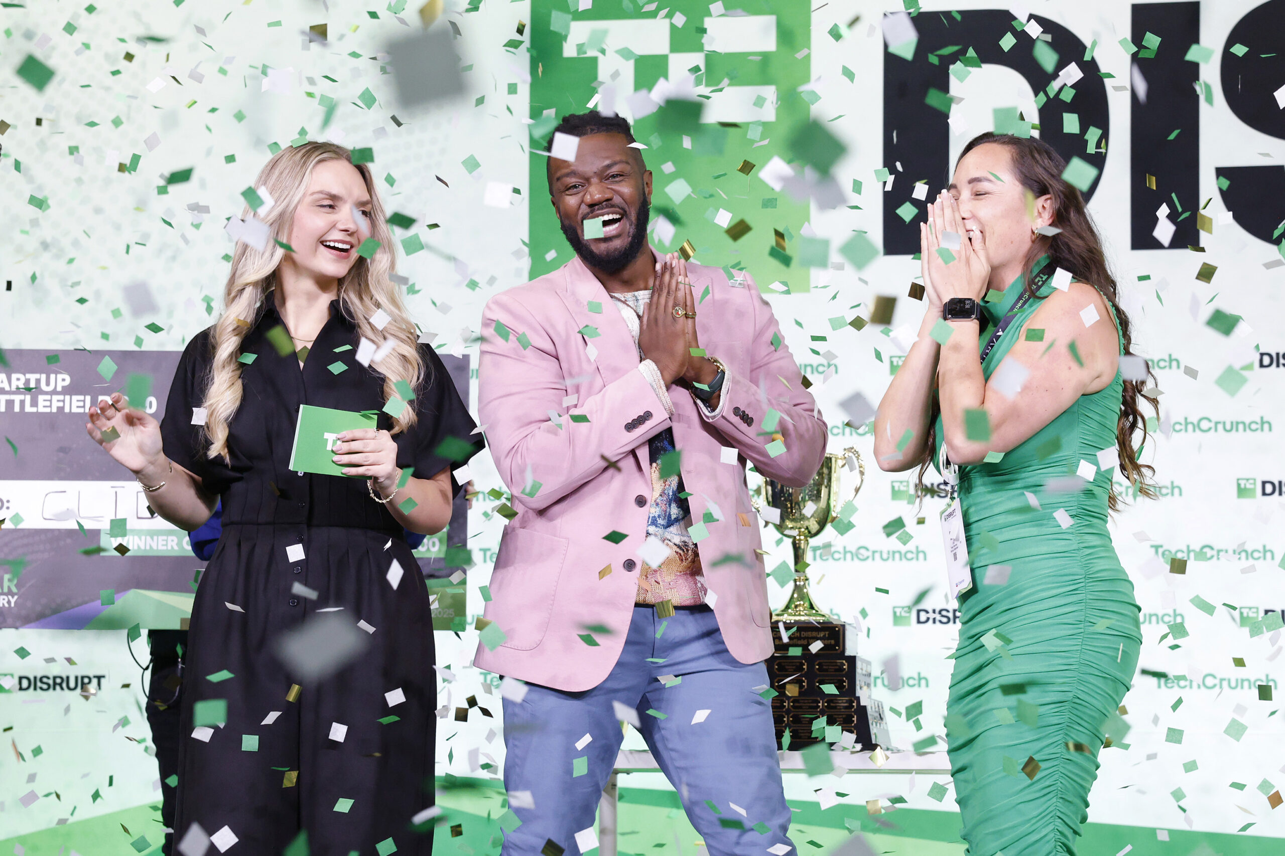 Kevin A. Damoa, Founder & CEO, Glīd, Claire Kroft and Ankit Malhotra, winners of the Startup Battlefield 2025, pose onstage during day three of TechCrunch Disrupt 2025 at Moscone Center on October 29, 2025 in San Francisco, California.