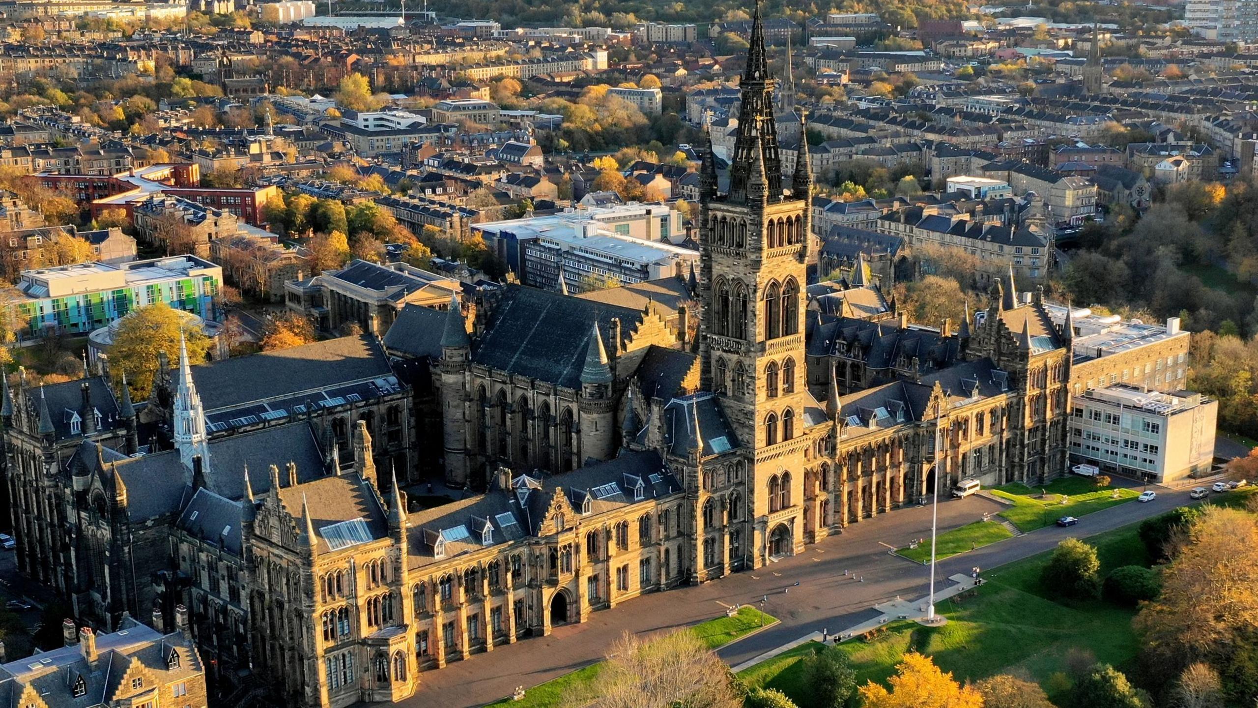 An aerail shot showing Kelvingrove Museum and art gallery at golden hour.
