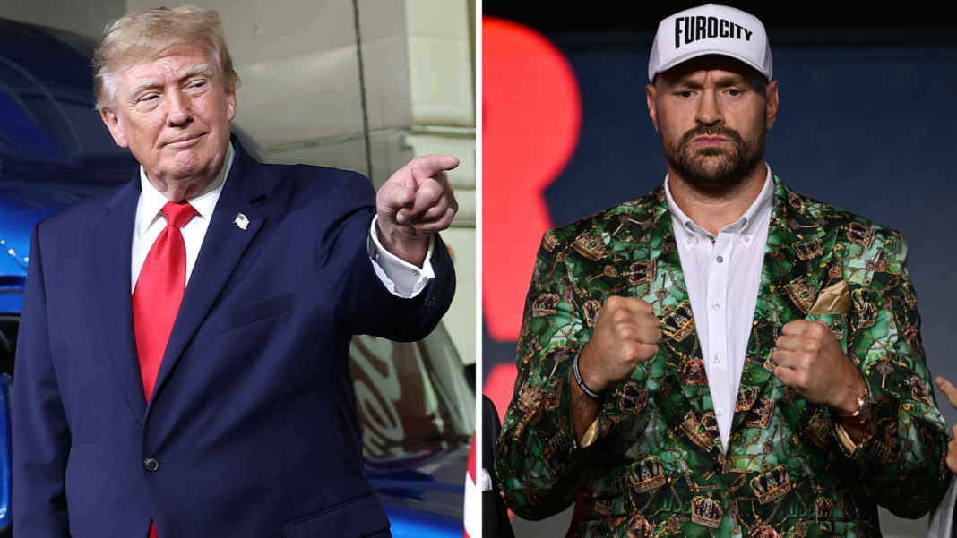 Gassiev unsure if Fury v Joshua will be for his WBA belt A split picture of US President Donald Trump and British boxer Tyson Fury. Trump is pointing with his index finger while Fury holds up his fists.