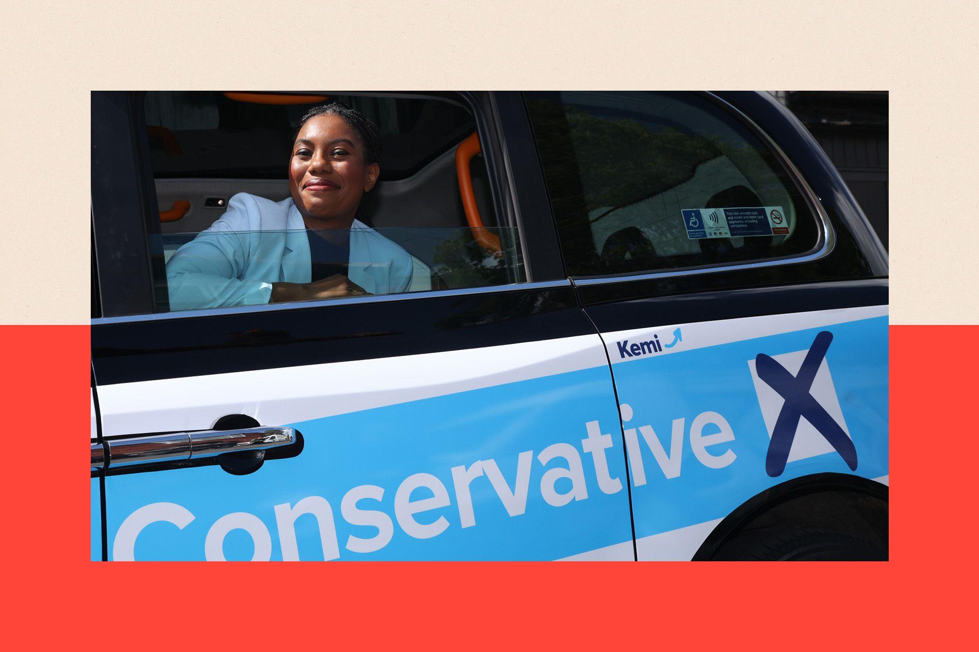 Kemi Badenoch campaigning in a taxi