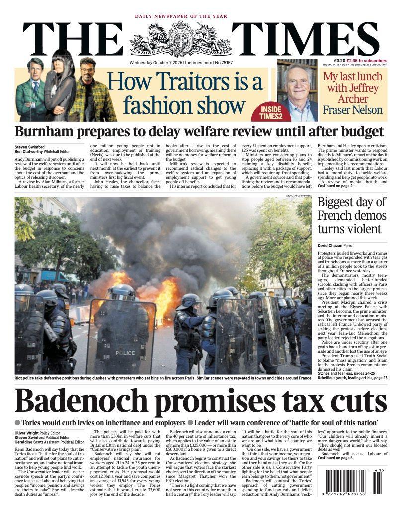 "Badenoch promises tax cuts" reads the headline on the front page of the Times.