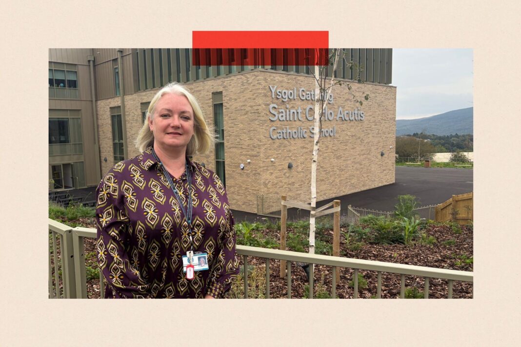 Wales has a school standards crisis. Will plans to fix it actually work? Sarah Hopkins stands in front of railings with the new school building in the background. She is wearing a purple and gold patterned top. The school is made of yellow brick and then higher up is what appears to be glass and metal