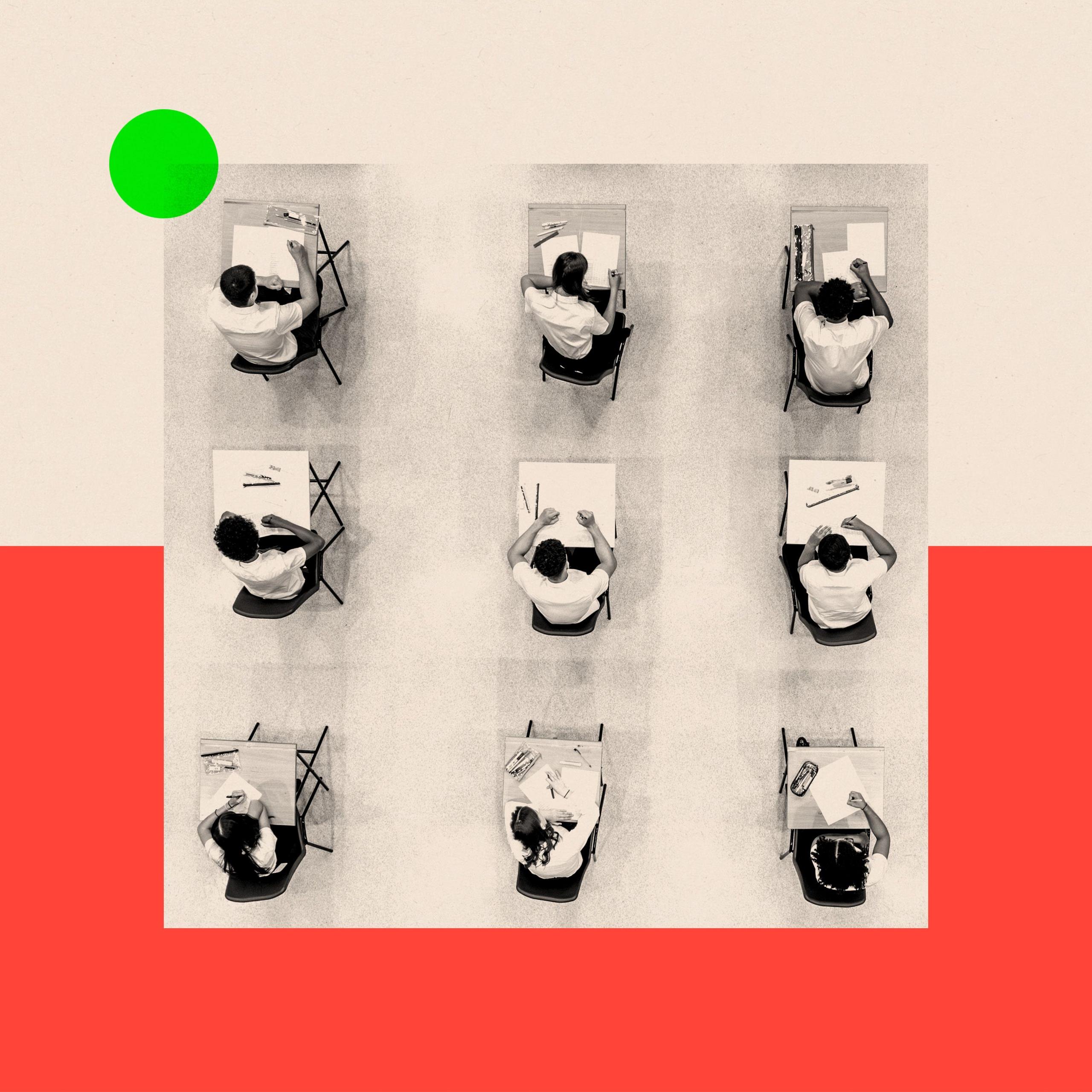aerial shot of an exam hall, with nine students sat at spaced desks