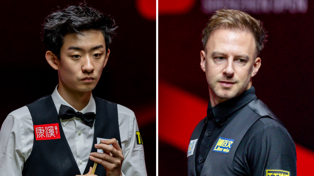 Wu Yize and Judd Trump weigh up their options at