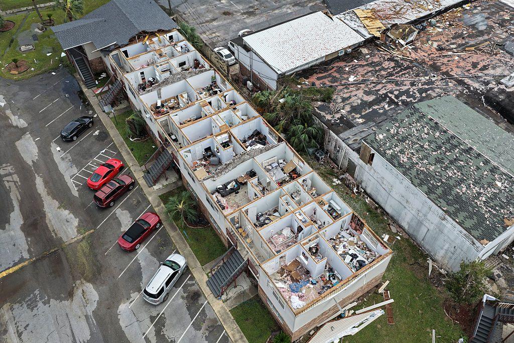In an aerial view, an apartment complex is seen after the roof was blown off when Hurricane Isaias