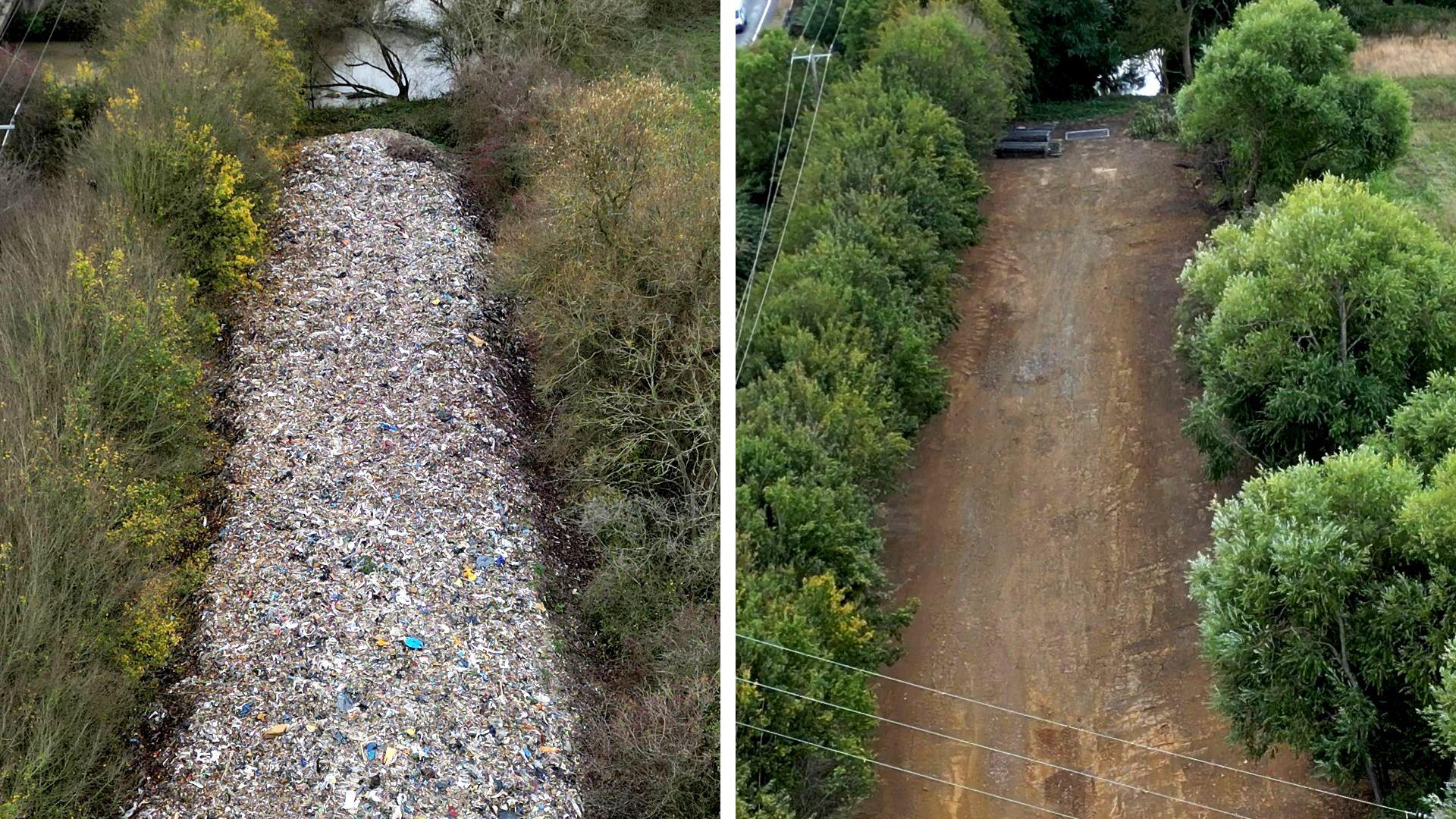 Before-and-after aerial comparison of an illegal waste site in Kidlington. The lefthand image, dated 16 November 2025, shows a long, narrow mound of waste extending through a wooded strip. The righthand image, dated 21 August 2026, shows the same area after clean-up, with the waste removed and a cleared strip of bare ground visible between trees.