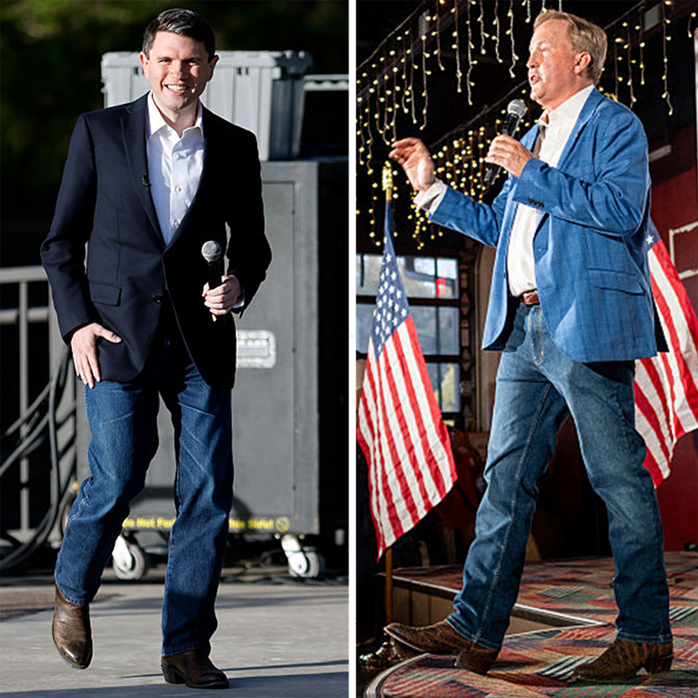 Side-by-side images of James Talarico and Ken Paxton at campaign events. Talarico wears a dark blazer, white open-collar shirt, jeans and brown boots while holding a microphone. Paxton wears a light blue blazer, white shirt, jeans and brown boots while speaking into a microphone, with US flags visible in the background.