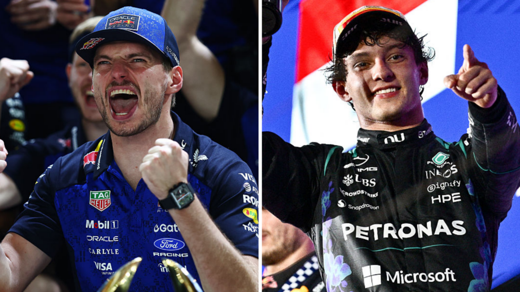 A split image of Max Verstappen and Kimi Antonelli celebrating following the Singapore Grand Prix