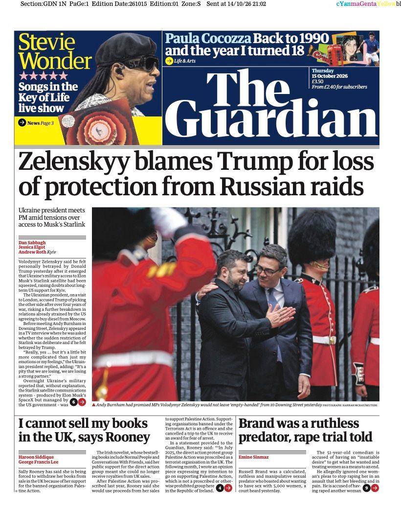 The front page headline of the Guardian reads 'Zelenskyy blames Trump for loss of protection from Russian raids'