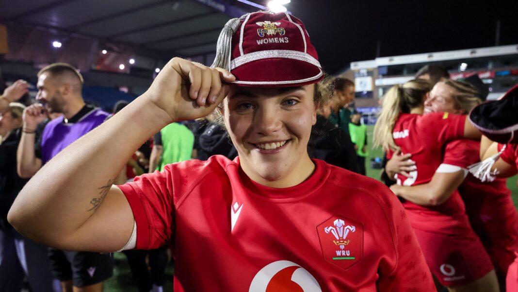 Shanelle Williams wears her cap on the pitch making her Wales debut against South Africa.