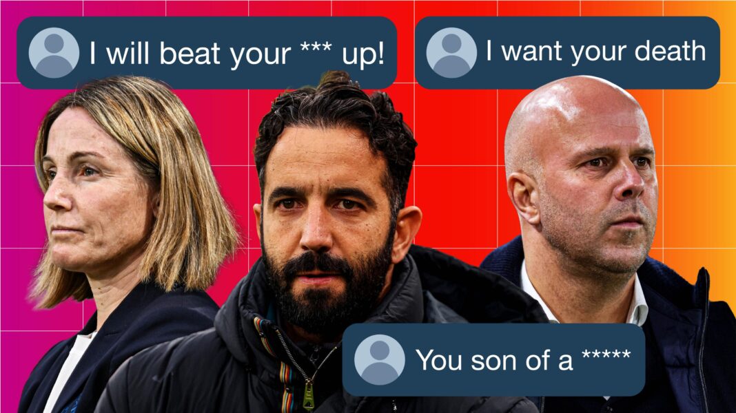 A composition image of offensive social media posts about football managers Arne Slot, Ruben Amorim and Sonia Bompastor