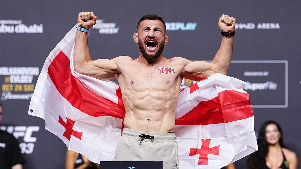 Merab Dvalishvili weighs in before his bantamweight title fight at UFC 333 in Abu Dhabi