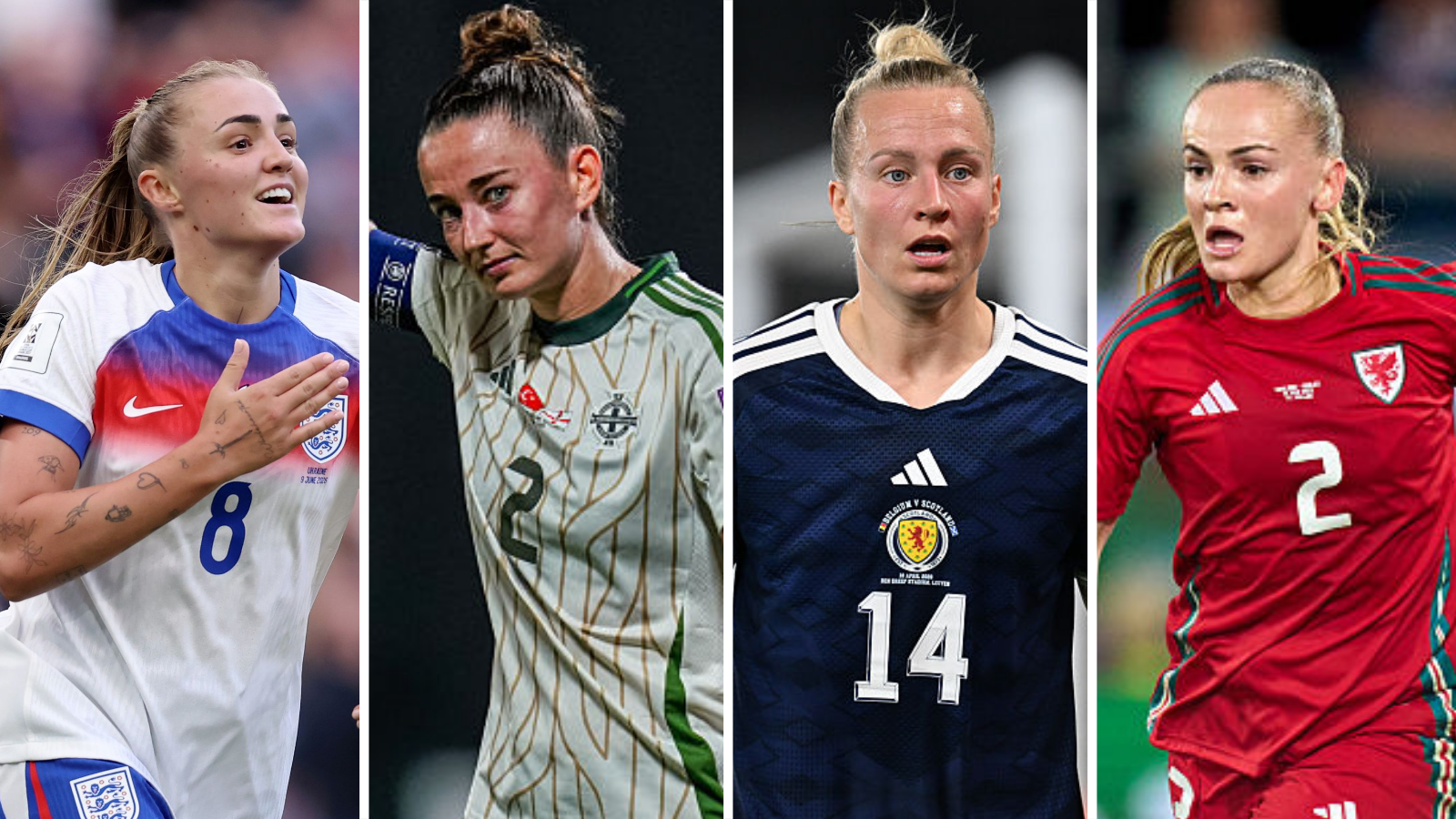 Four-way split picture showing England's Georgia Stanway, Northern Ireland's Rebecca McKenna, Scotland's Rachel McLauchlan, and Wales' Lily Woodham