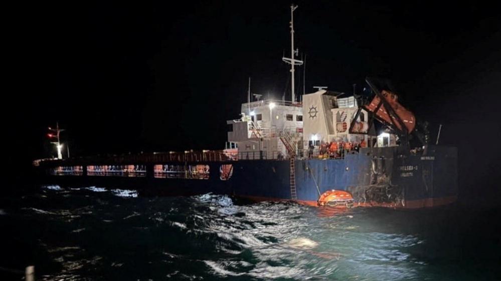 A photo released by he Bulgarian interior ministry shows the damaged Chelsea-3 vessel, following a drone attack in the Black Sea. Photo: 13 October 2026