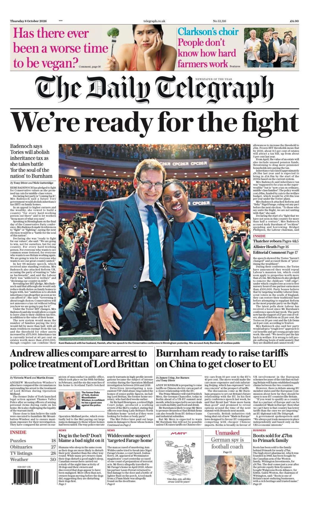 "We're ready for the fight" reads the headline on the front page of the Daily Telegraph.