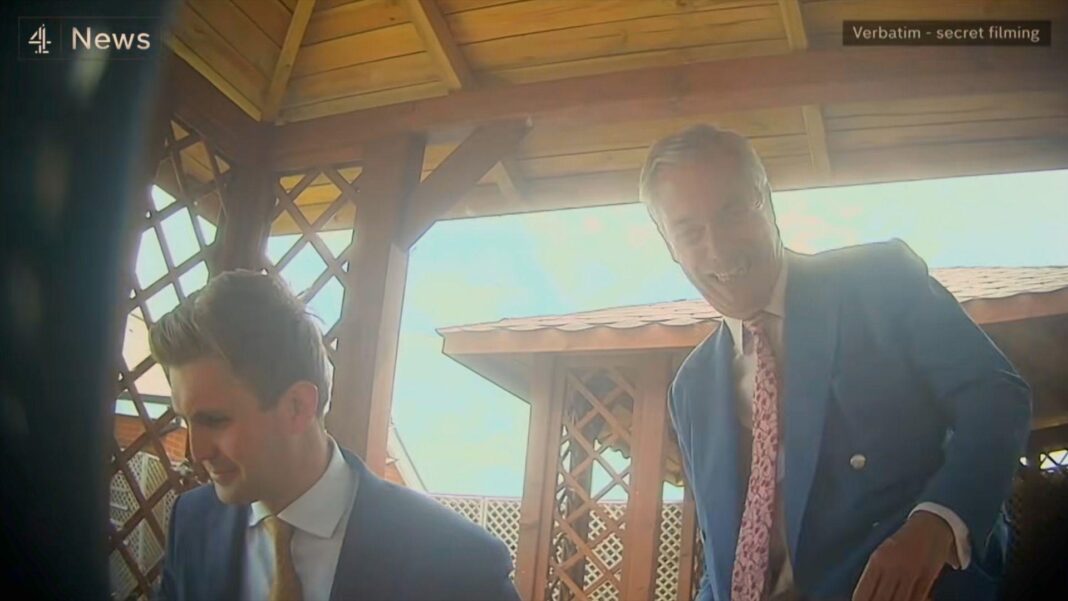 Reform UK leader Nigel Farage and Dan Jukes pictured in the undercoverfilming by Verbatim Investigations and broadcast by Channel 4 News.