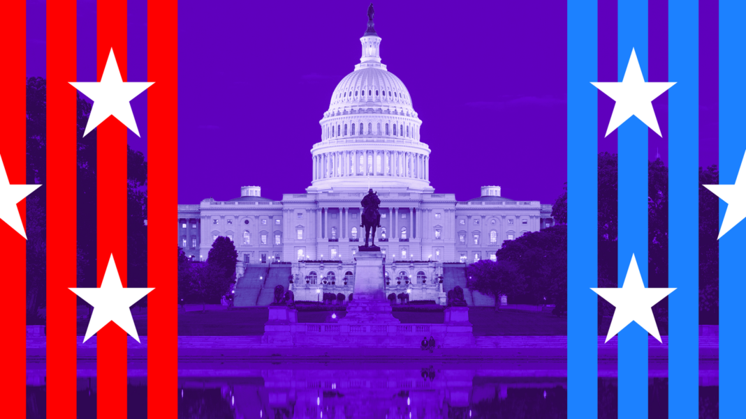 Illustration of the US Capitol with red and blue campaign-style stripes and stars representing the two main political parties.