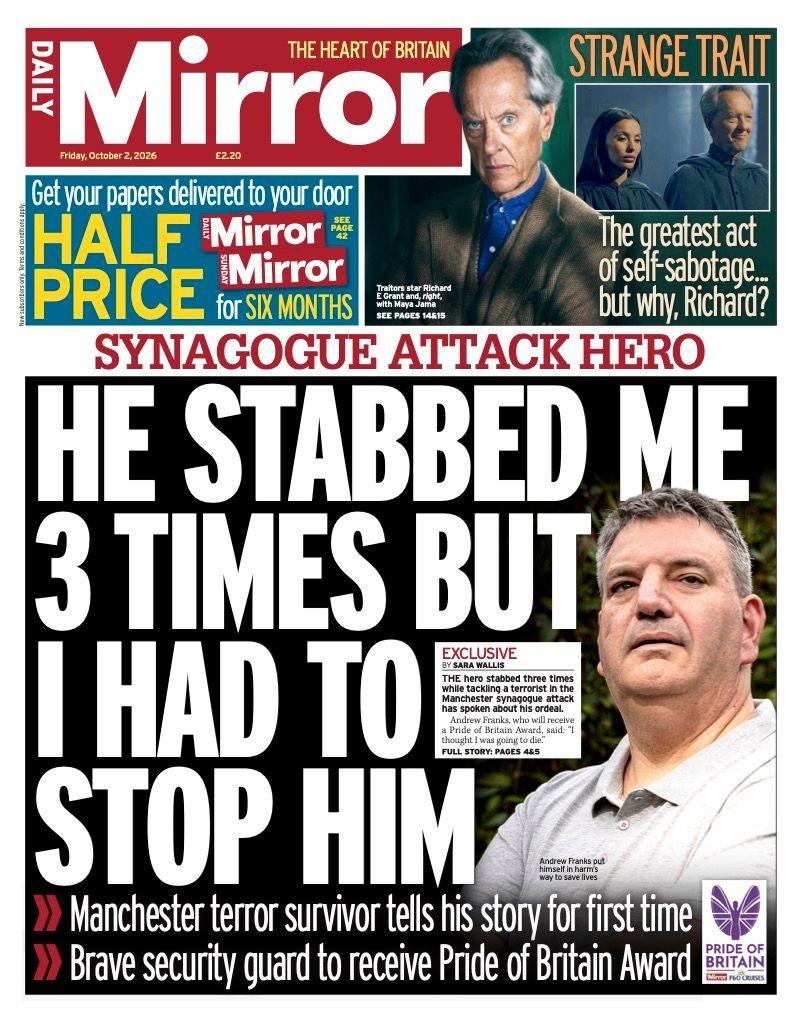 The headline on the front page of the Daily Mirror reads: “He stabbed me 3 times but I had to stop him”.