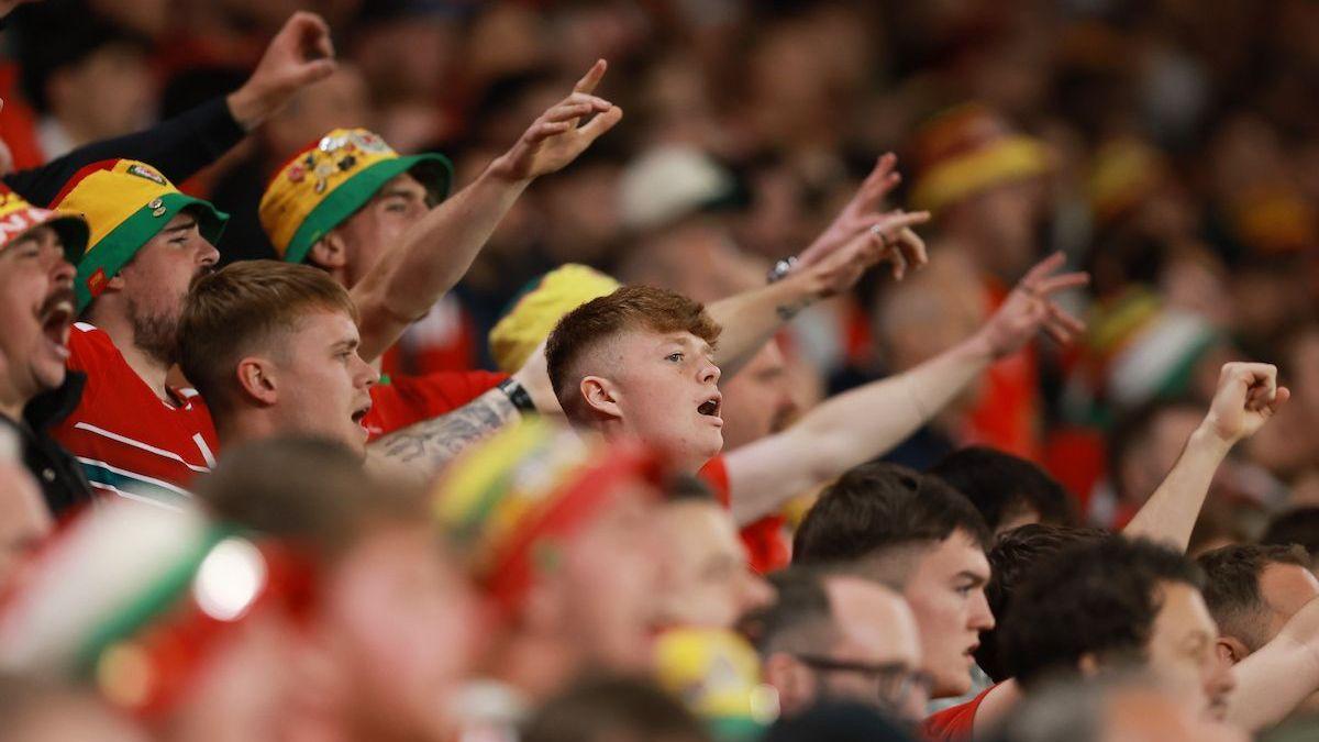 A general picture of Wales fans singing during the game with Norway in Cardiff