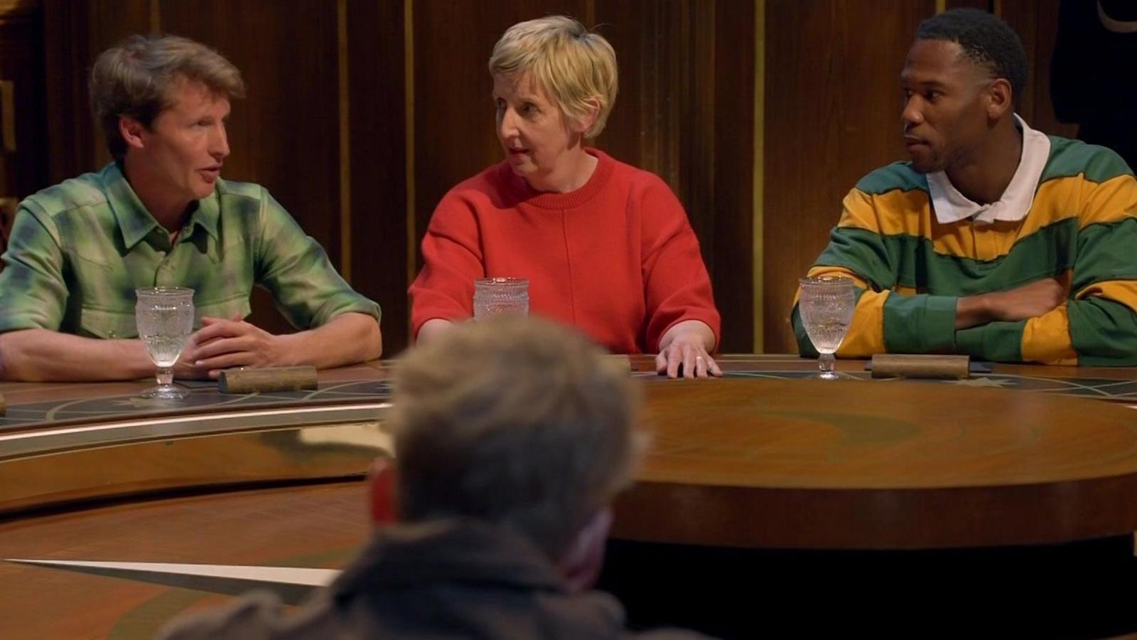 James Blunt, Julie Hesmondhalgh and King Kenny pictured at the round table on Celebrity traitors