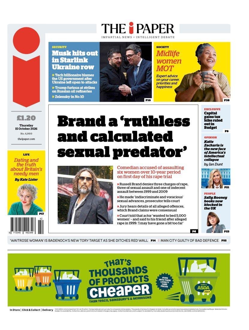 The front page headline of the i Paper reads 'Brand a "ruthless and calculated sexual predator"''