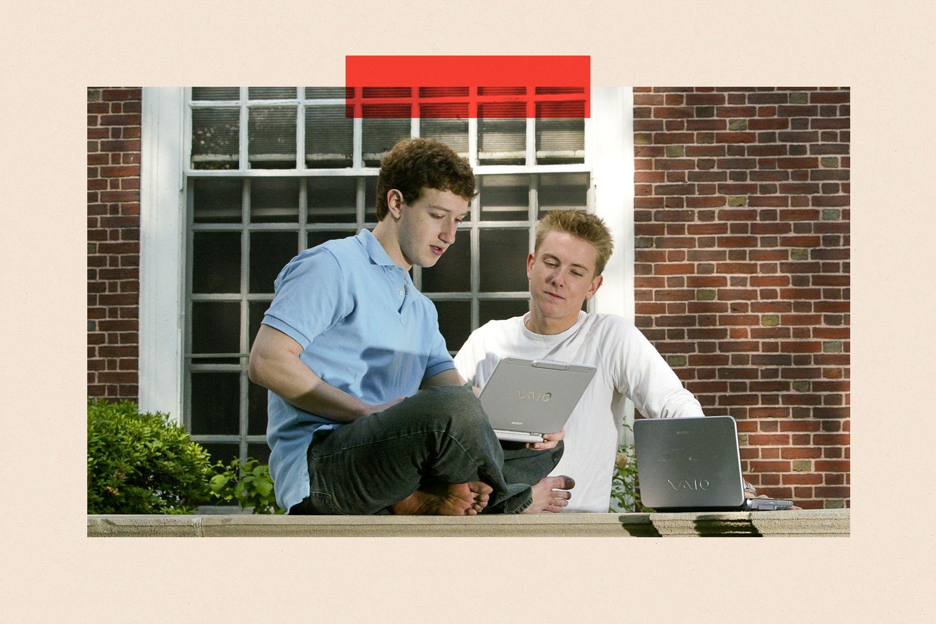 Mark Zuckerberg (L) and Chris Hughes (R) photographed at Eliot House at Harvard University, Cambridge, MA.