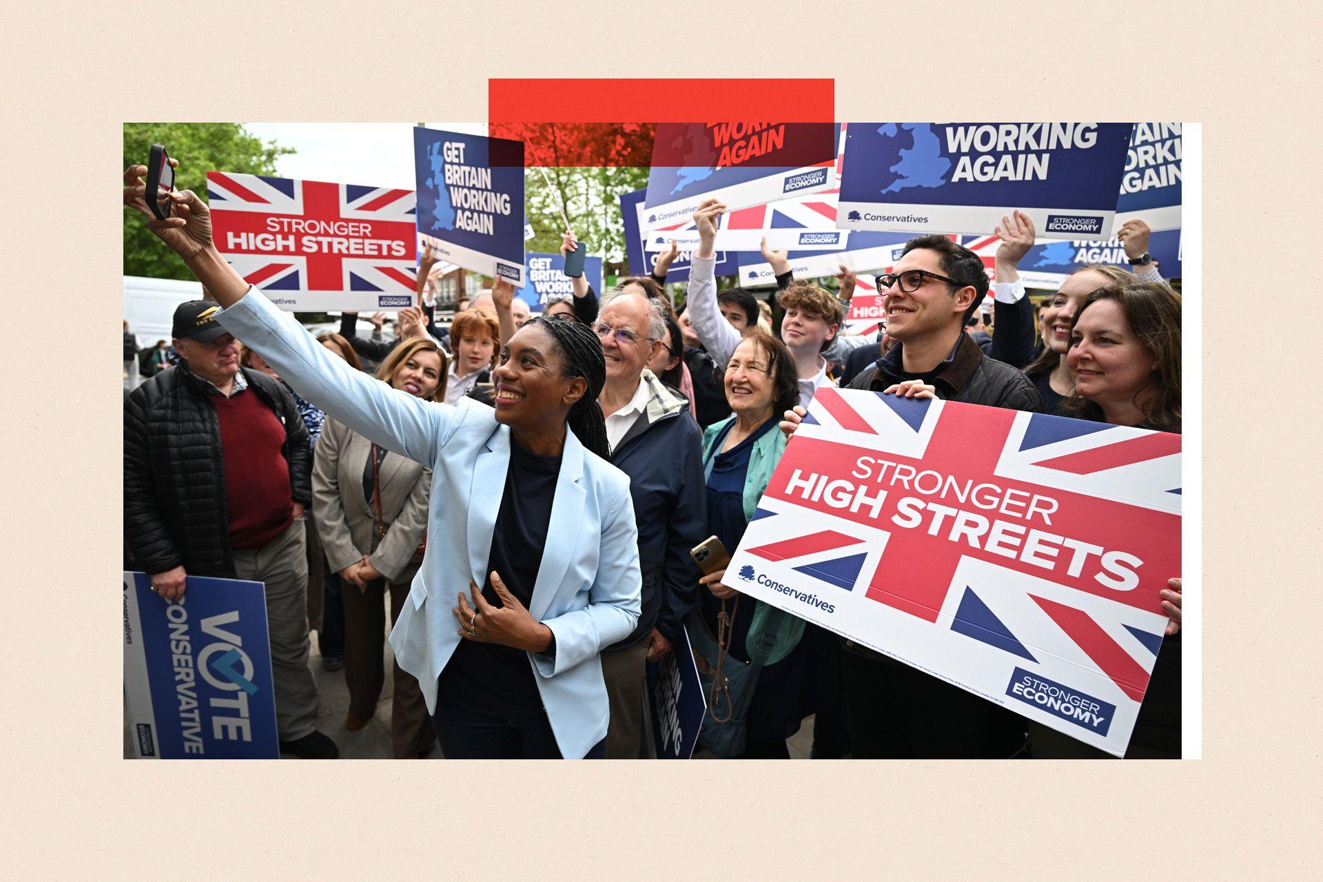 Kemi Badenoch campaigning with a group of supporters