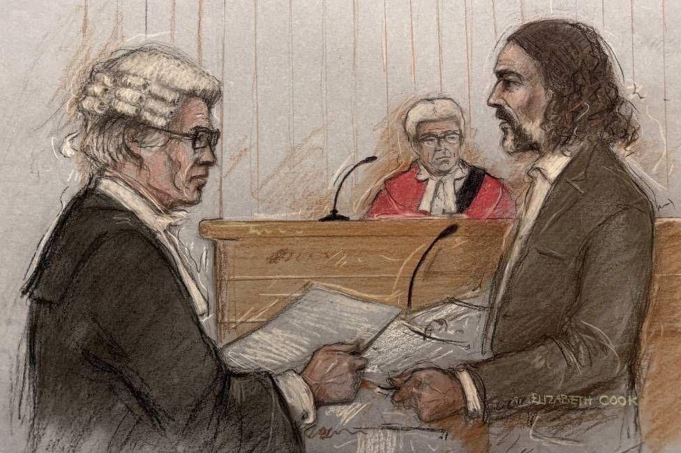Court artist sketch by Elizabeth Cook of Russell Brand being questioned by his barrister Mr Winter KC at Southwark Crown Court, London