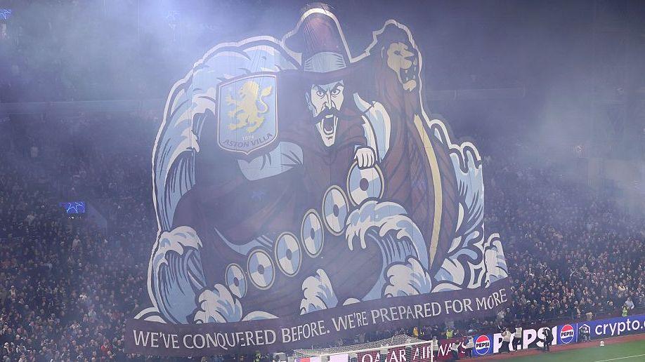 Aston Villa fans unveil a spectacular tifo before the Champions League win against Viking at Villa Park