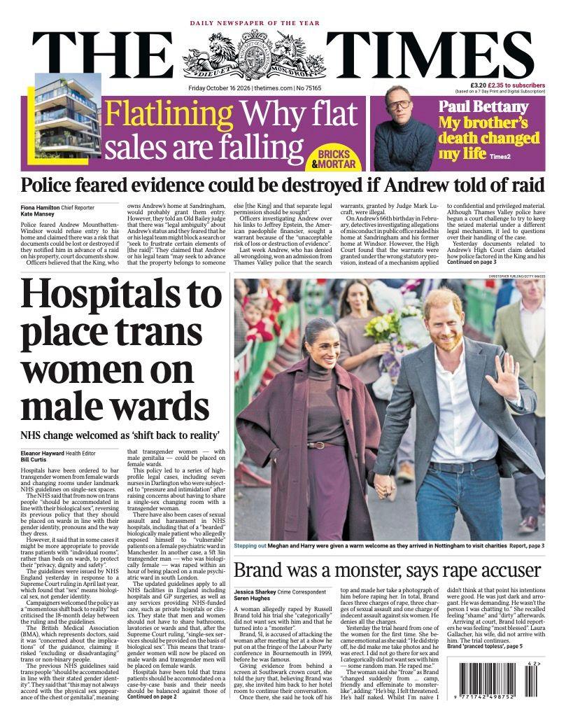 The headline on the front page of the Times reads: 'Hospital to place trans women on male wards.'