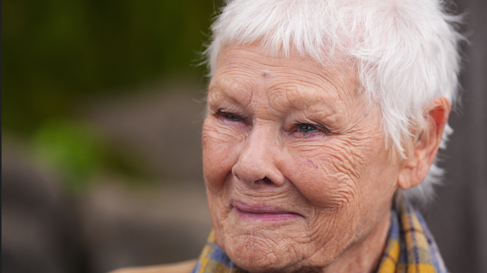 A close-up portrait of a person with short white hair looking slightly away from the camera. The person is wearing a patterned yellow and blue tartan-style scarf and a brown coat. The background is out of focus, with green and brown tones suggesting an outdoor setting.