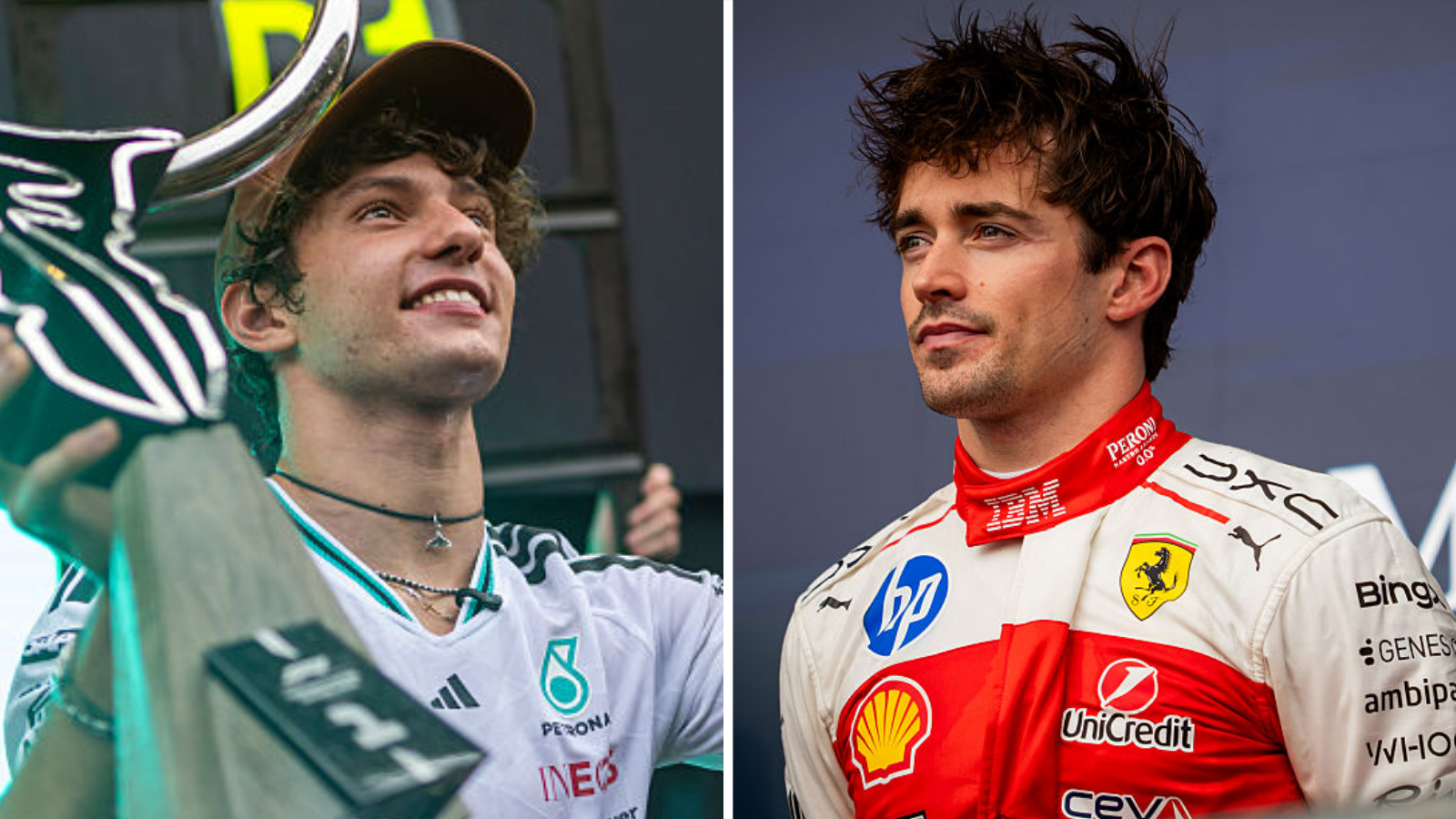 A split image of Kimi Antonelli and Charles Leclerc