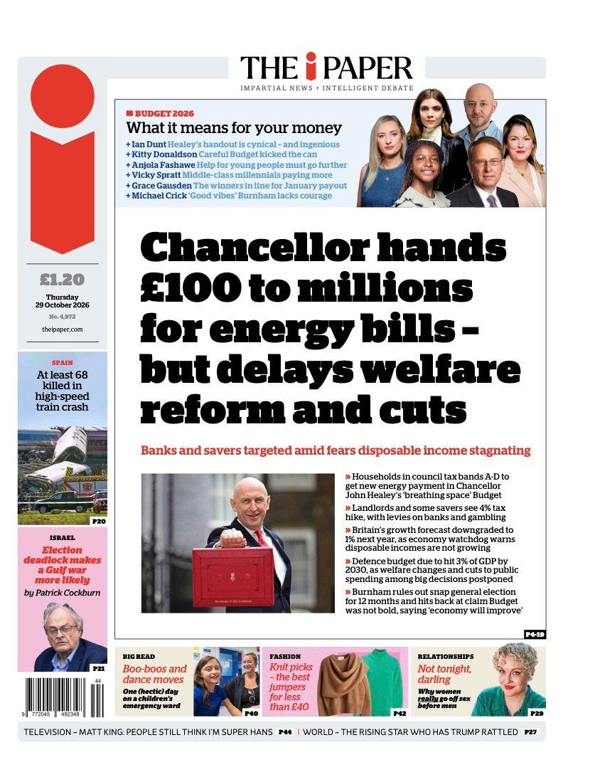 The headline on the front page of the i Paper reads: 'Chancellor hands £100 to millions for energy bills - but delays welfare reform and cuts.'