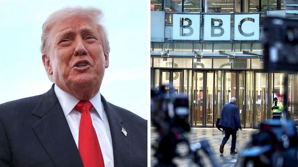 This composite photograph shows US President talking to reporters. He is dressed in a dark suit, white shirt and red tie. The other image shows someone walking outside the BBC's London headquarters.
