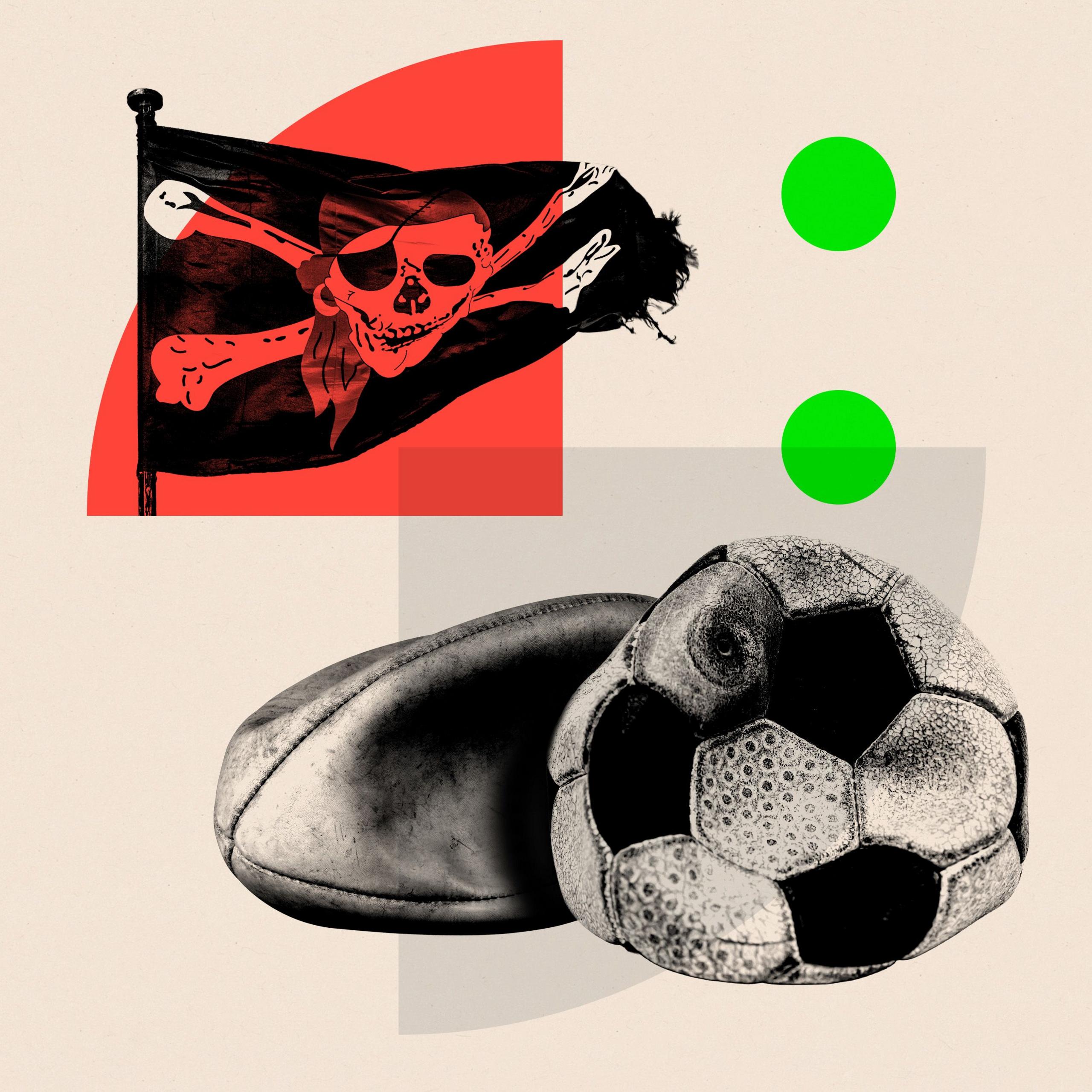 A treated image of a pirate flag, above a treated image of a deflated rugby ball and football
