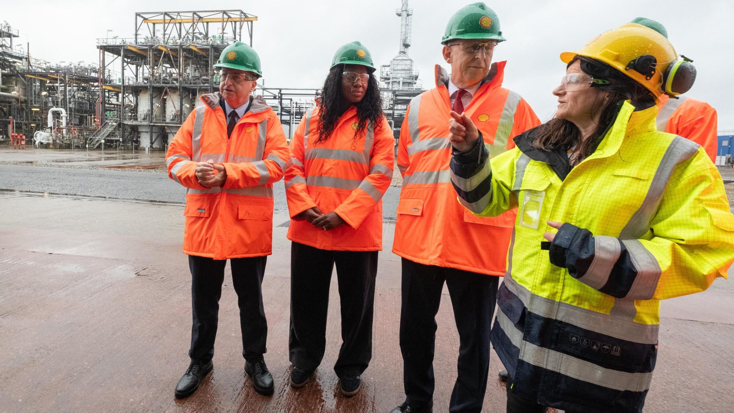 Scottish Secretary Douglas Alexander, Energy Secretary Miatta Fahnbulleh and Chancellor John Healey during a visit to Shell UK's St Fergus Gas Terminal in Aberdeenshire
