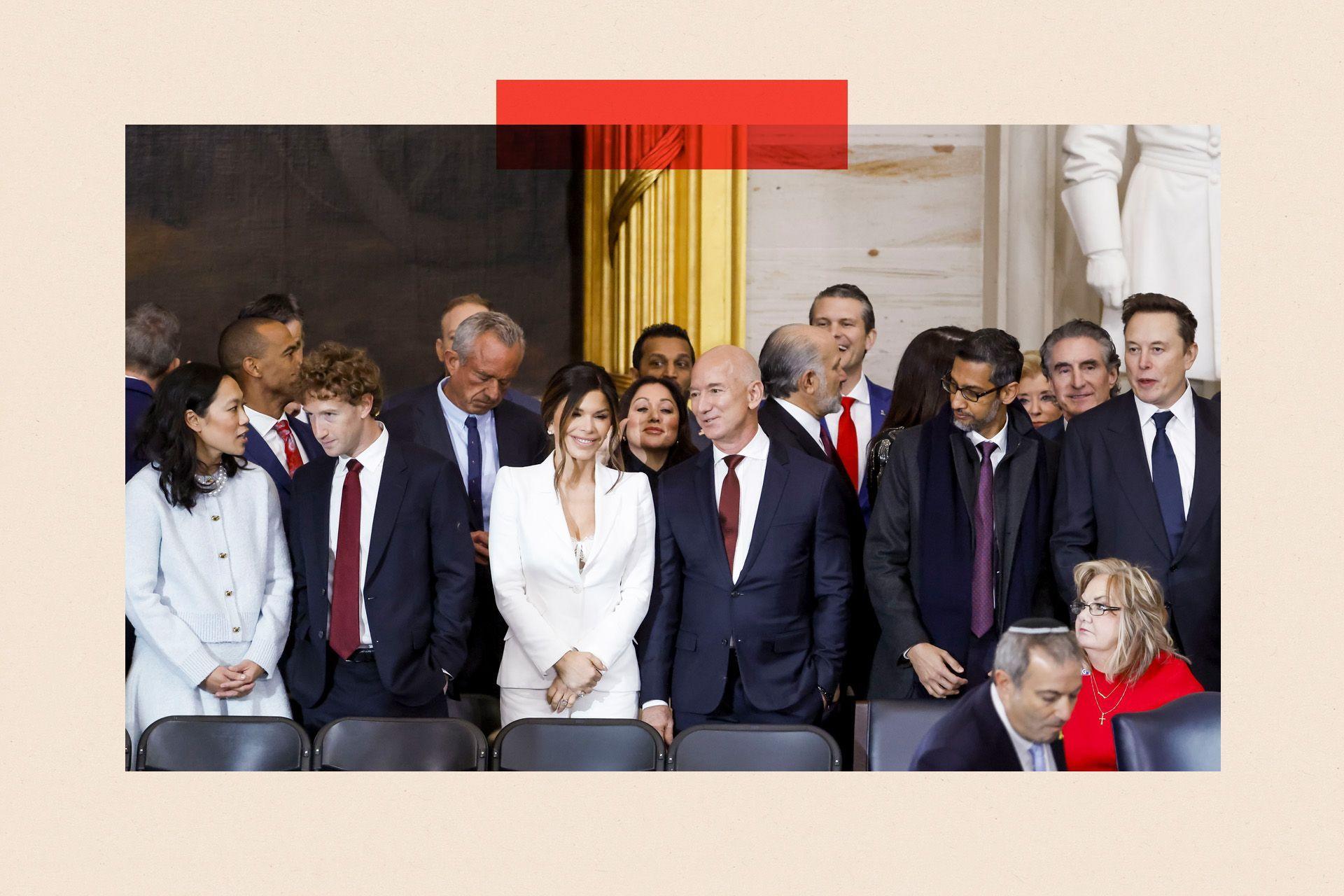 Priscilla Chan, Meta CEO Mark Zuckerberg, Lauren Sanchez, businessman Jeff Bezos , Alphabet's CEO Sundar Pichai, and businessman Elon Musk, among other dignitaries, attend the United States Capitol on January 20, 2025 in Washington, DC.